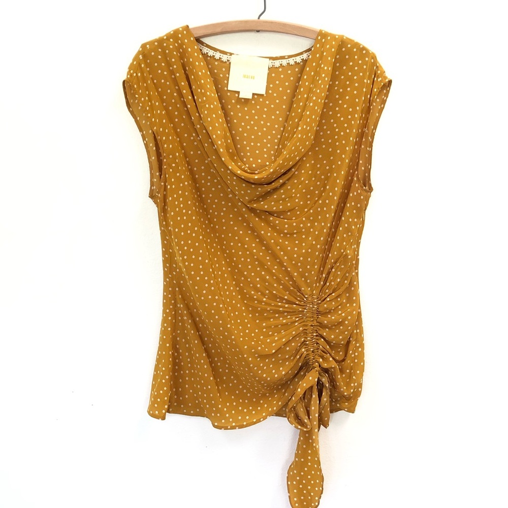 Maeve Anthropologie mustard polka dot cinched top